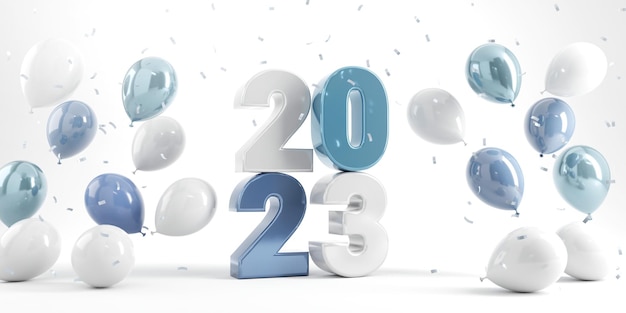 Testo 3d bianco e blu 2023 capodanno con palloncini e coriandoli lucidi che cadono su sfondo bianco