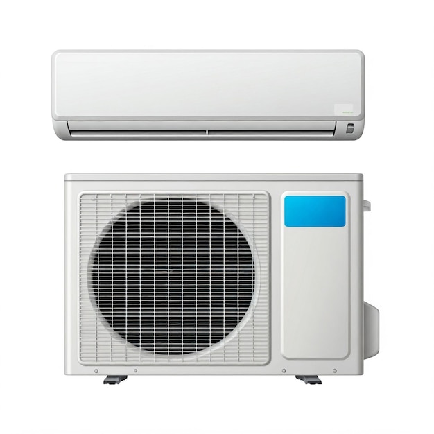 a white and blue air conditioning unit with a blue light on the front