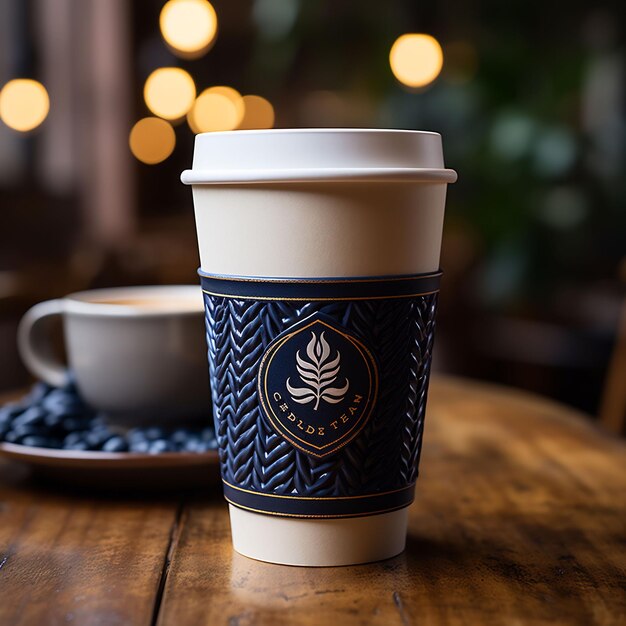 a white and blue coffee cup with the logo of a pineapple.