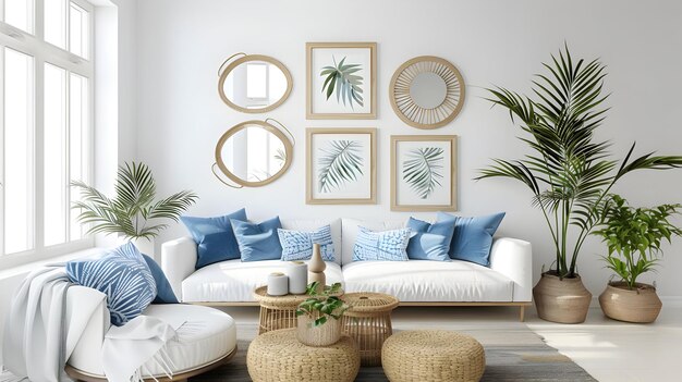 White and blue cozy living room with sofa and decorations of mirrors and botanic art in frames