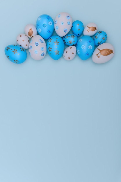 White and blue easter eggs on blue background