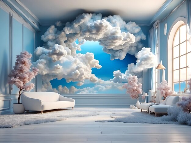 White blue fantastic 3d clouds in the room interior sky and landscape Gentle colors design