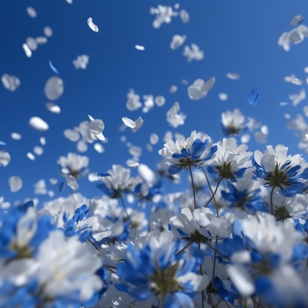 White and blue flowers against a blue sky