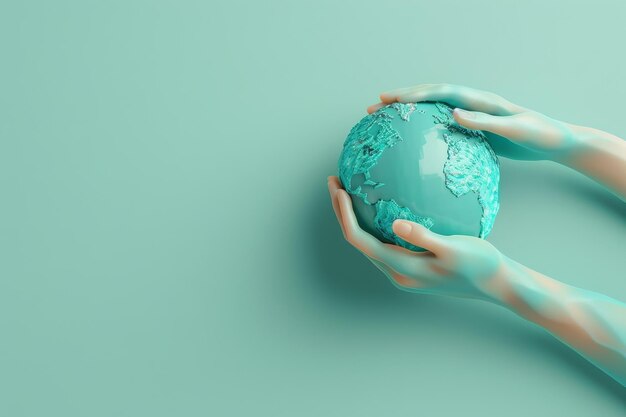 A white and blue globe is being held by two hands