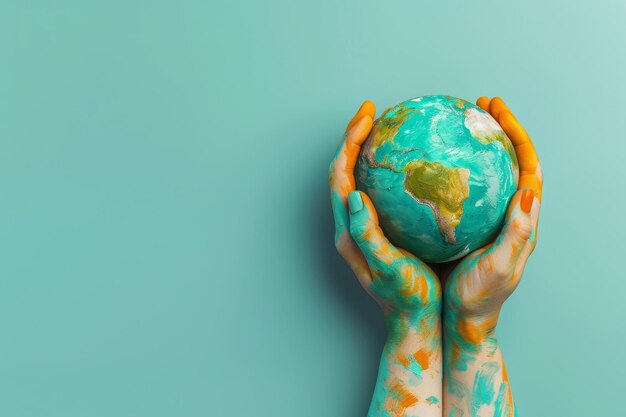 A white and blue globe is being held by two hands