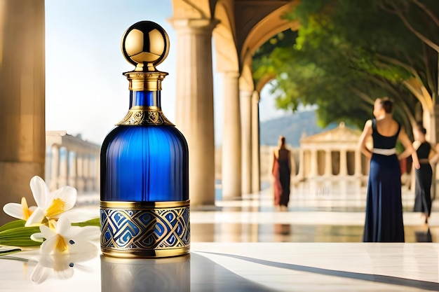 Premium AI Image | white blue and golden ceramic bottle of perfume in ...