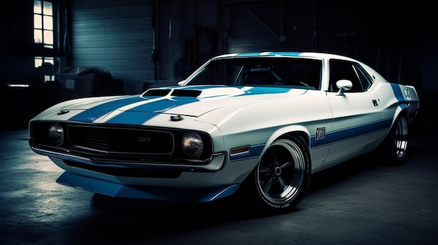 A white and blue muscle car with a blue stripe that says'challenger '