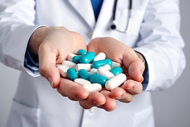 White and blue pills on doctors hand