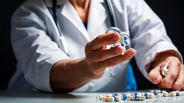 Photo white and blue pills on doctors hand