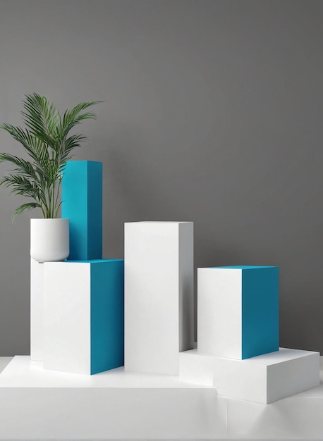 a white and blue planter on a white pedestal