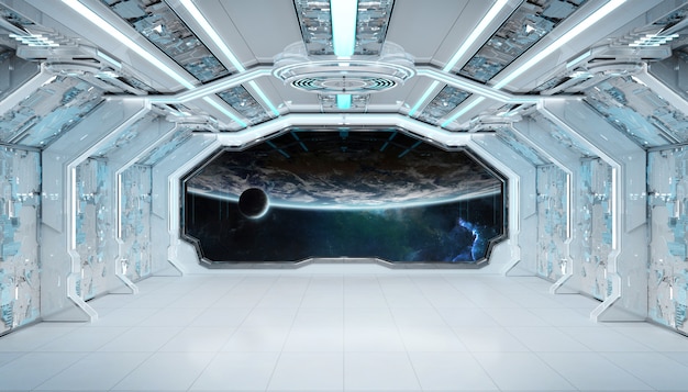 Interno futuristico dell'astronave blu bianca con la vista della finestra su pianeta terra