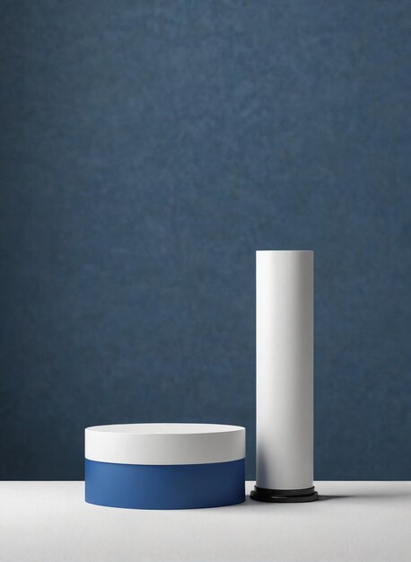 a white and blue table with a white pedestal