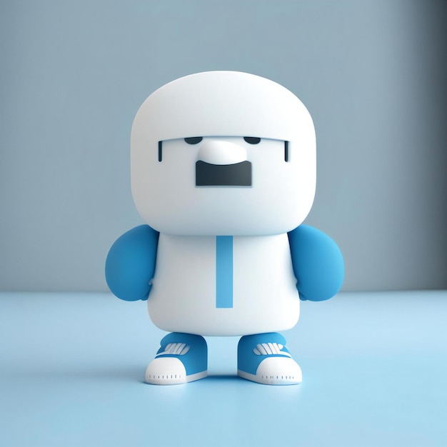 a white and blue toy with a blue shirt that says'1'on it