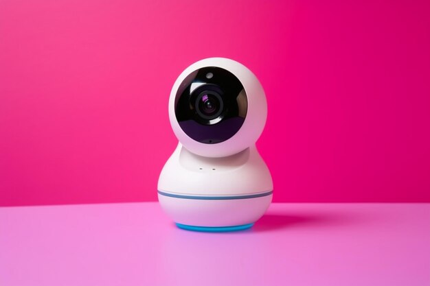 A white and blue web camera on a pink background