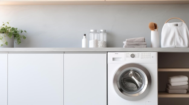 In a white and blurry home laundry room there's a modern washing machine next to an empty marble tabletop The tabletop provides blank space for product display