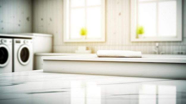 現代の洗濯機と空の大理石のテーブルトップを備えた白いぼやけた家庭用ランドリールーム、製品ディスプレイ用の空白スペース