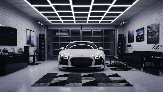 a white bmw car is parked in a room with a black and white checkered floor