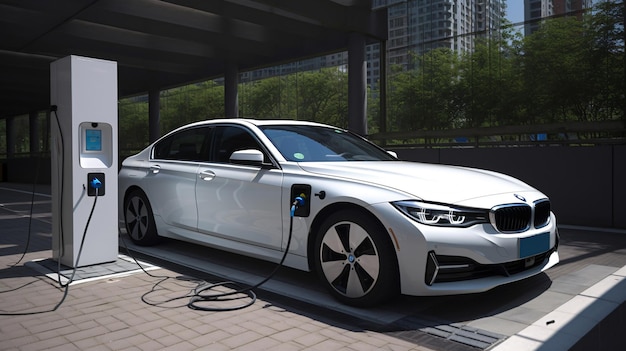 A white bmw is charging at a station.