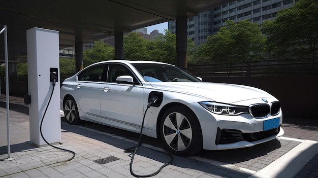 A white bmw is charging at a station.