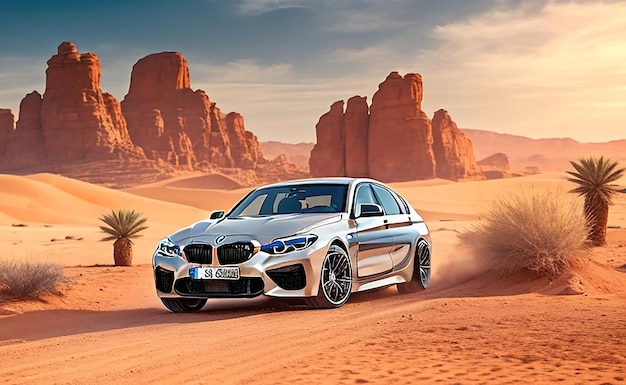 A white BMW is driving through the desert