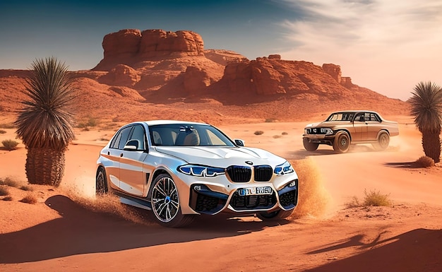 A white BMW is driving through the desert