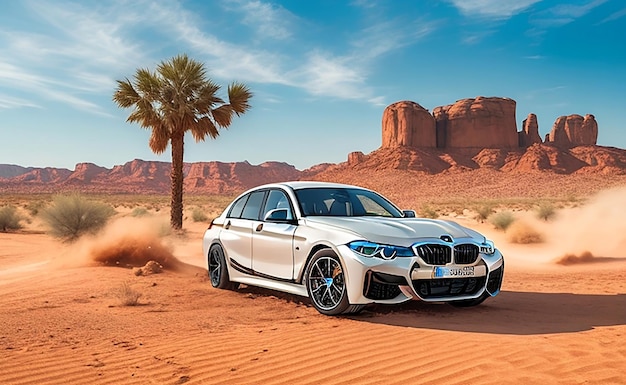 A white BMW is driving through the desert