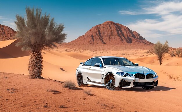 A white BMW is driving through the desert