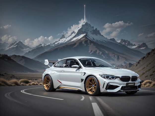 A white bmw m4 is on a mountain road.