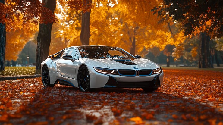 a white bmw with a white hood sits on a wet road