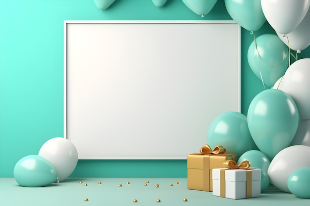 a white board on a cyan background with gifts and balloons