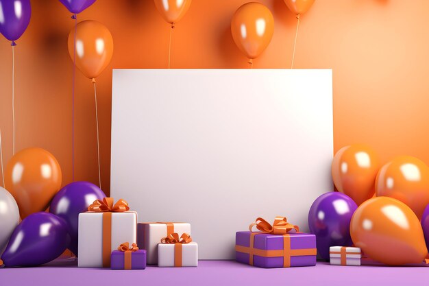 A white board on a purple background with gifts and balloons