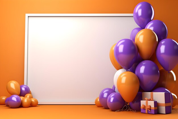 A white board on a purple background with gifts and balloons