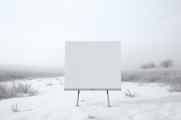 a white board on a snowy field with a field in the background.