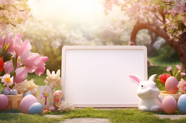 White board in spring garden with flowers eggs Easter bunny