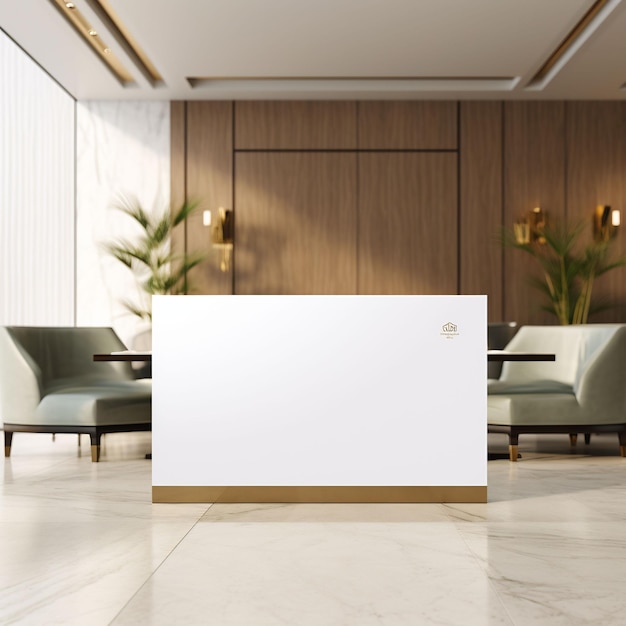 a white board with a brown trim is in a lobby with a large white sign that says lg.