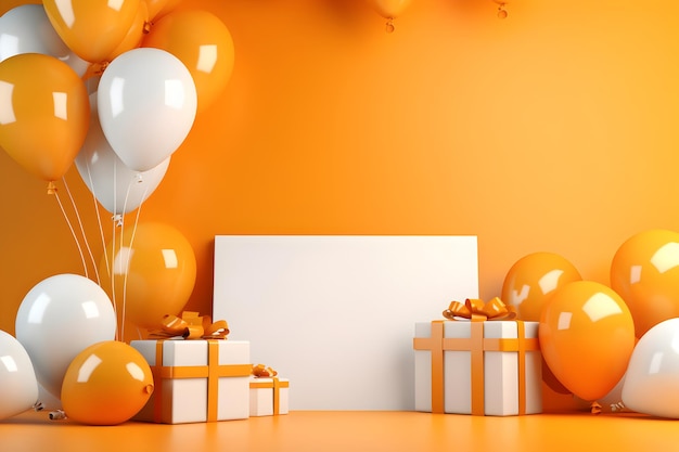 a white board on a yellow background with gifts and balloons
