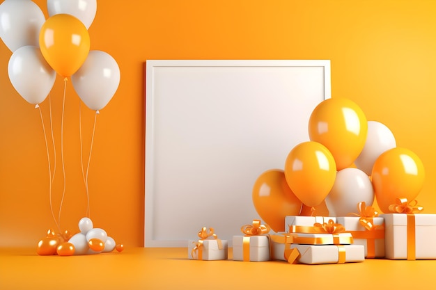 a white board on a yellow background with gifts and balloons