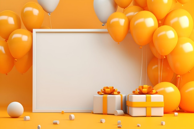 a white board on a yellow background with gifts and balloons