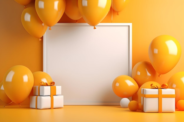 A white board on a yellow background with gifts and balloons