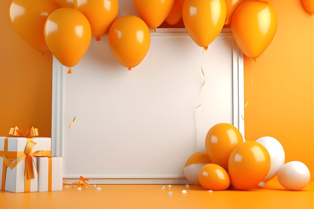 a white board on a yellow background with gifts and balloons