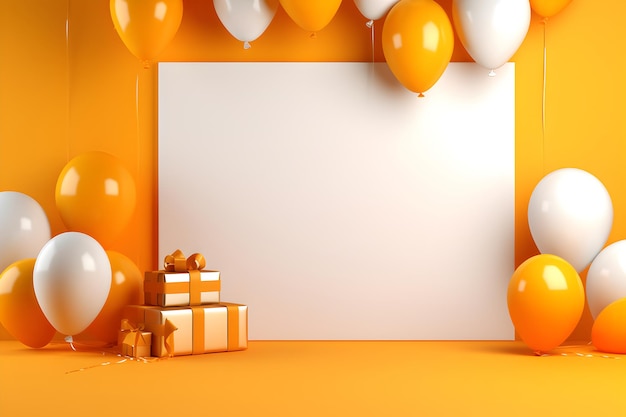 a white board on a yellow background with gifts and balloons