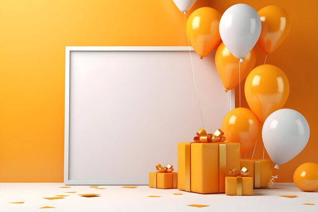 a white board on a yellow background with gifts and balloons