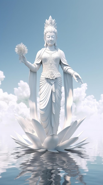 Photo a white bodhisattva statue on white lotus generative ai