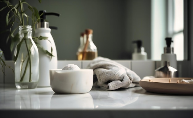 A white and body products on a bathroom counter