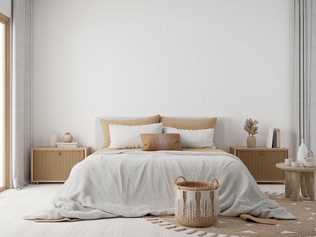 White boho bedroom with wooden and rattan furniture 3d rendering