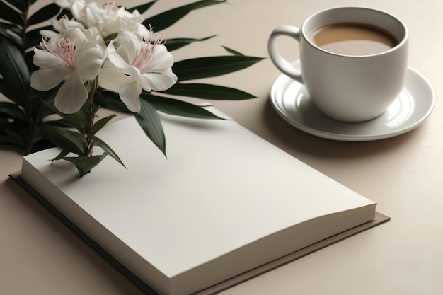 커피와 협죽도가 있는 베이지색 테이블의 흰색 책