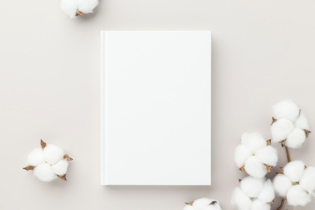 Mockup di copertina vuota per libro bianco su sfondo beige con mockup piatto di fiori di cotone