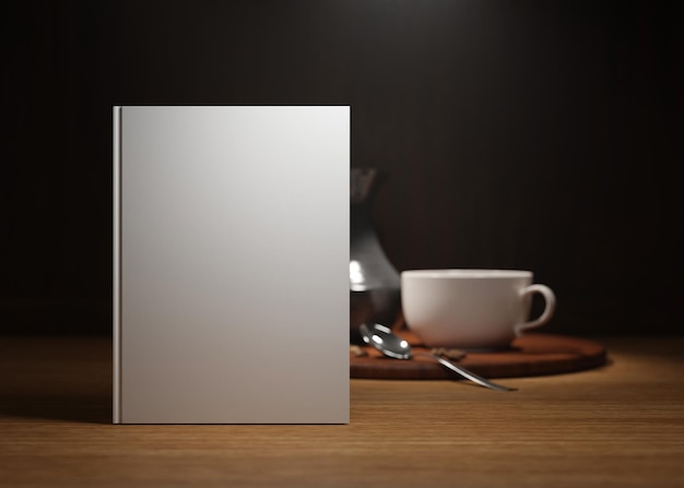 White book cover mock up and coffee cup on the table at home Blank template for your design Front view closeup Book catalogue cover presentation 3D rendering