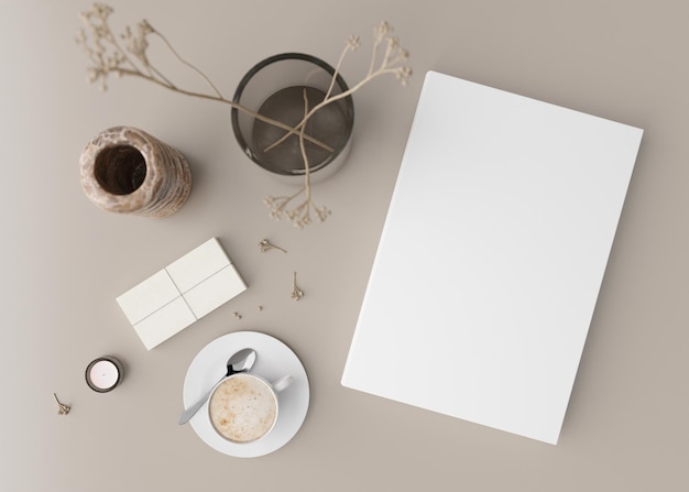 White book cover mock up with coffee cup vase and other home accessories on beige table Blank template for your design Top view closeup Book catalogue or magazine cover presentation 3D render