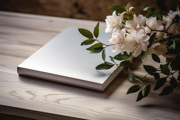 white book and flower next to a wooden table